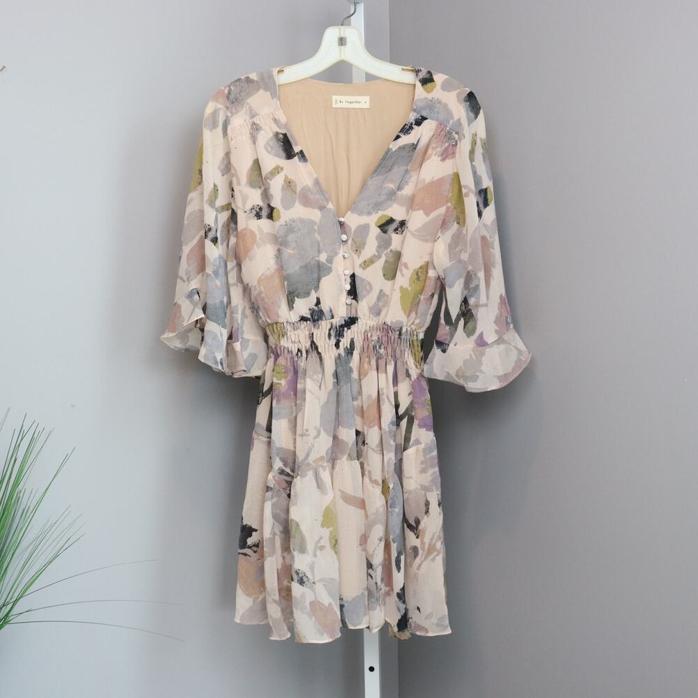 By Together Mini‎ Dress S Flutter Sleeve Smocked Waist
